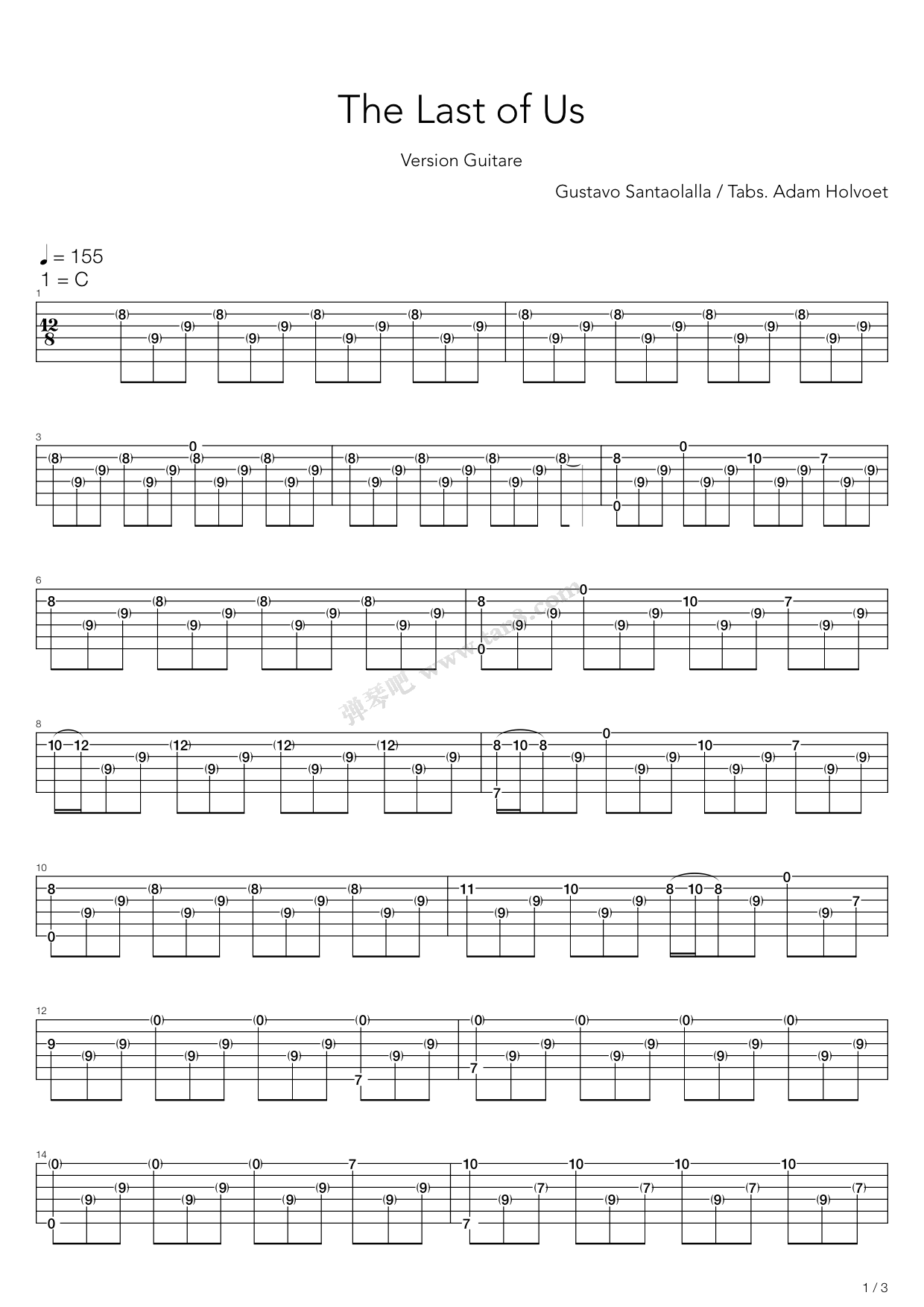 《美国末日 完整版,gustavo santaolalla(六线谱 吉他谱吉他谱 第1