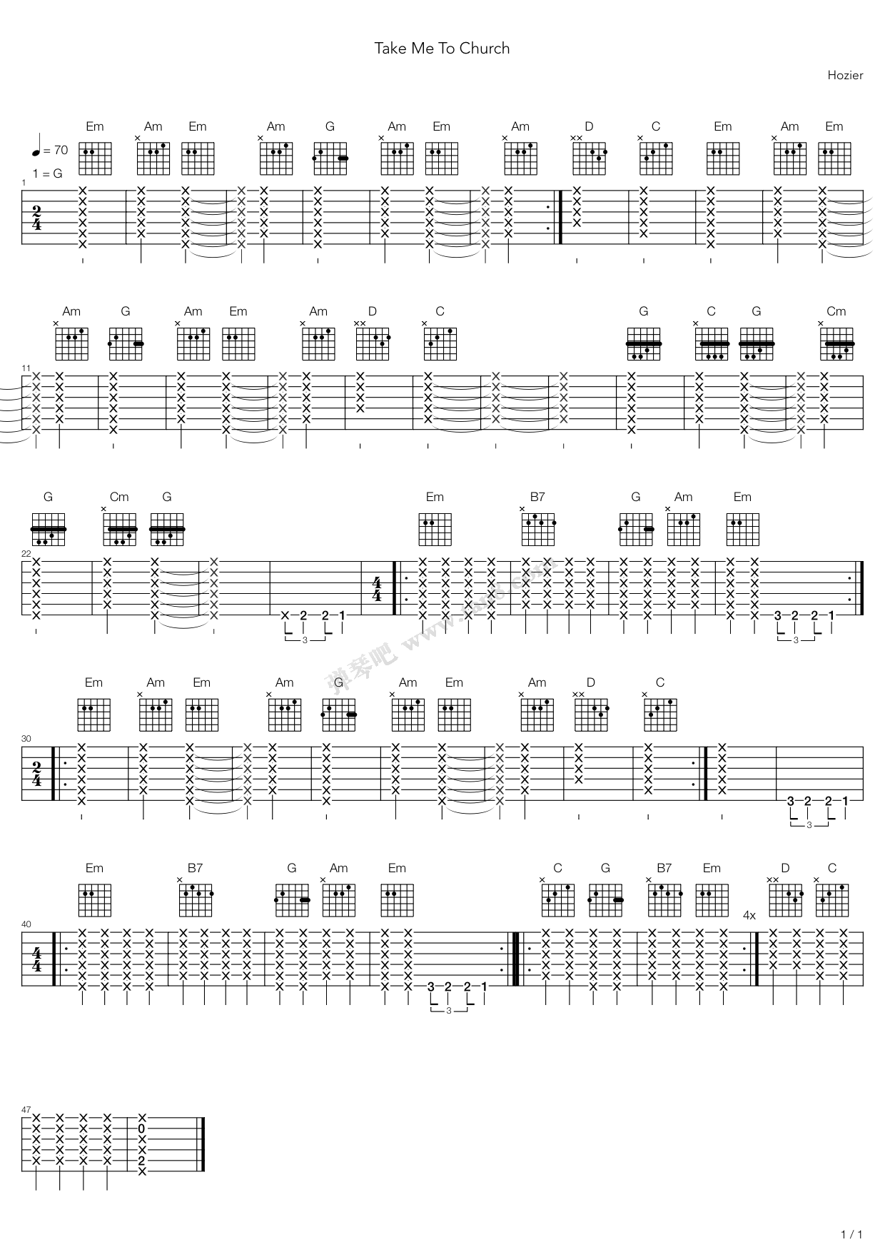 《take me to church 指弹》,hozier(六线谱 吉他谱吉他谱 第1页