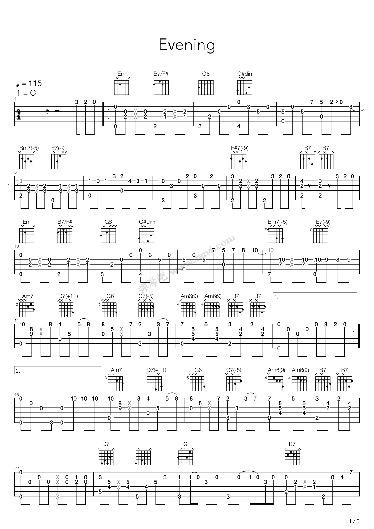 吉他谱 >> 轻音乐 >> 采集不到内容,请检查! >>evening