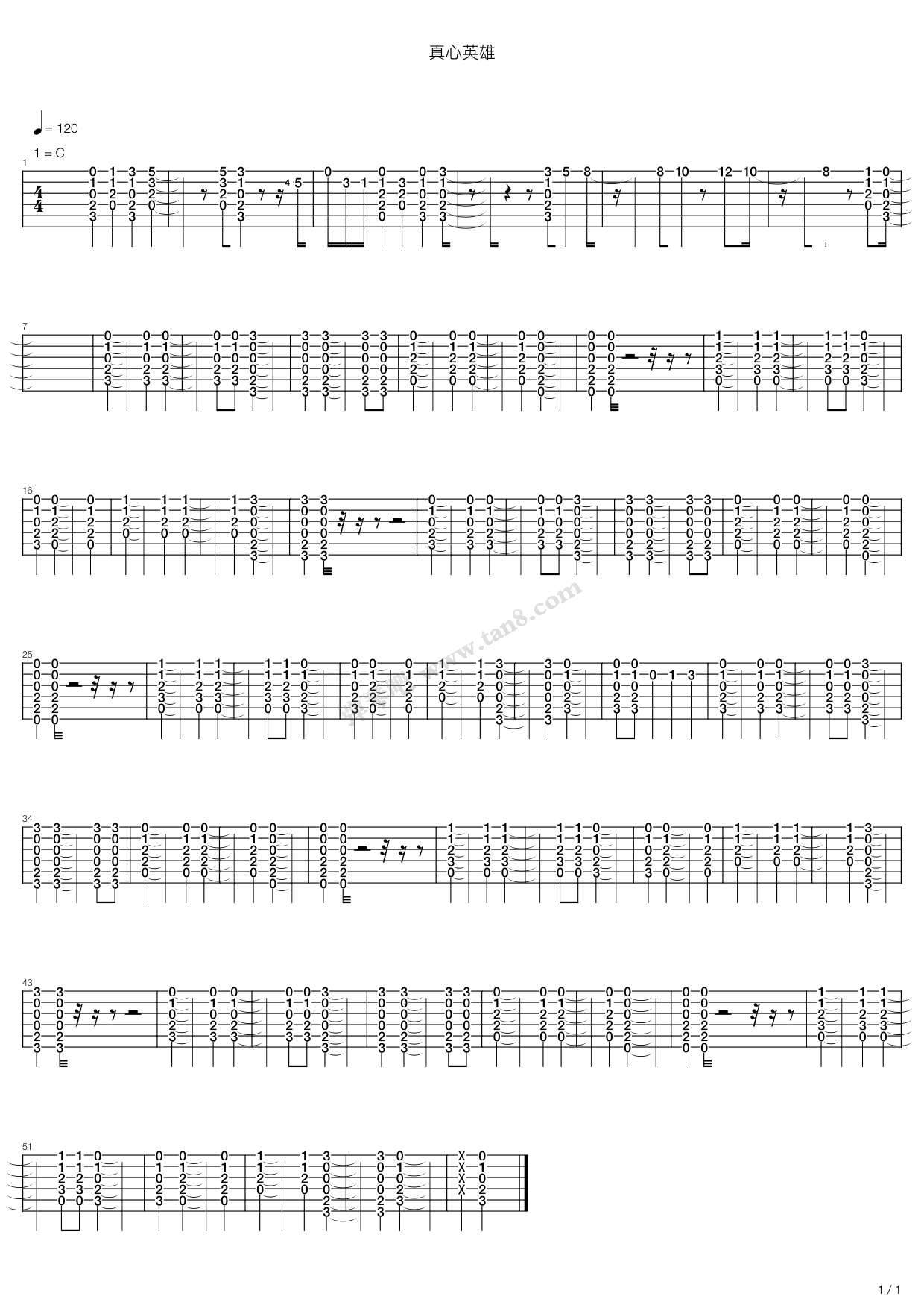 《真心英雄-弹唱,周华健(六线谱 吉他谱吉他谱 第1页
