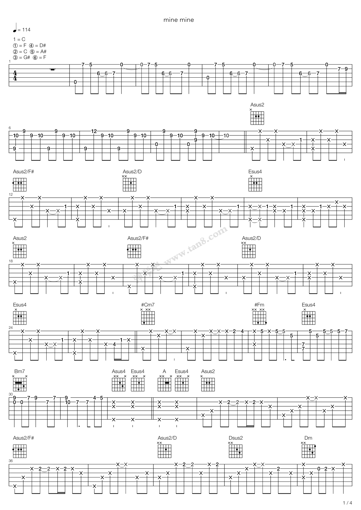 《minemine》,周杰伦(六线谱 吉他谱吉他谱 第1页