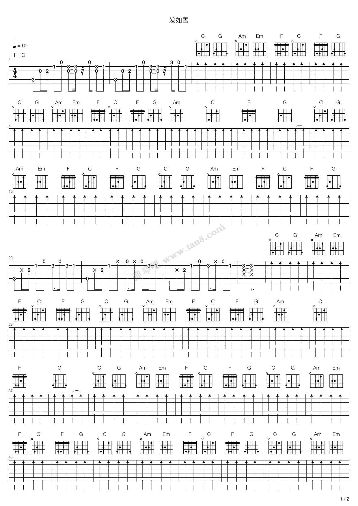 《发如雪》,周杰伦(六线谱 吉他谱吉他谱 第1页