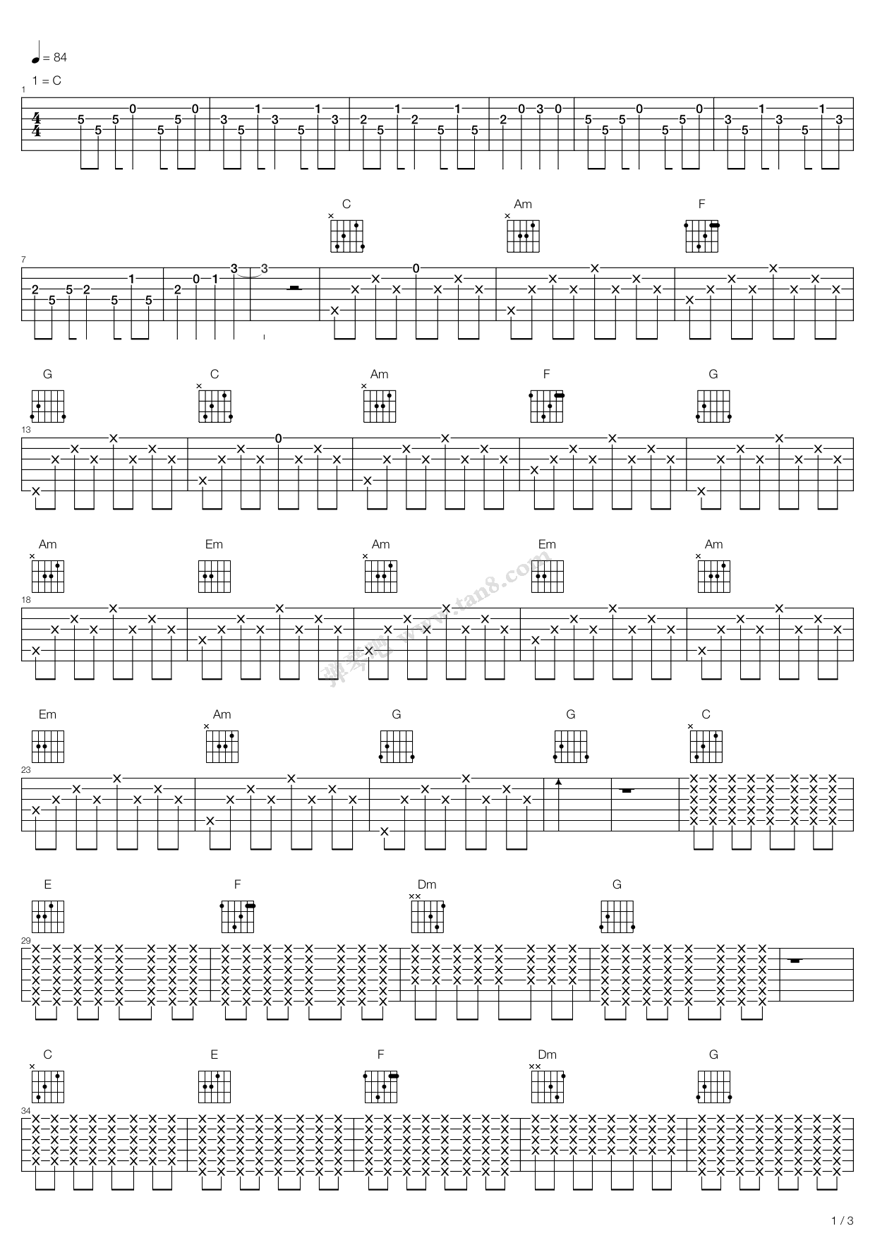 《千千万万个我(男生弹唱版)》,何韵诗(六线谱 吉他谱吉他谱 第1页