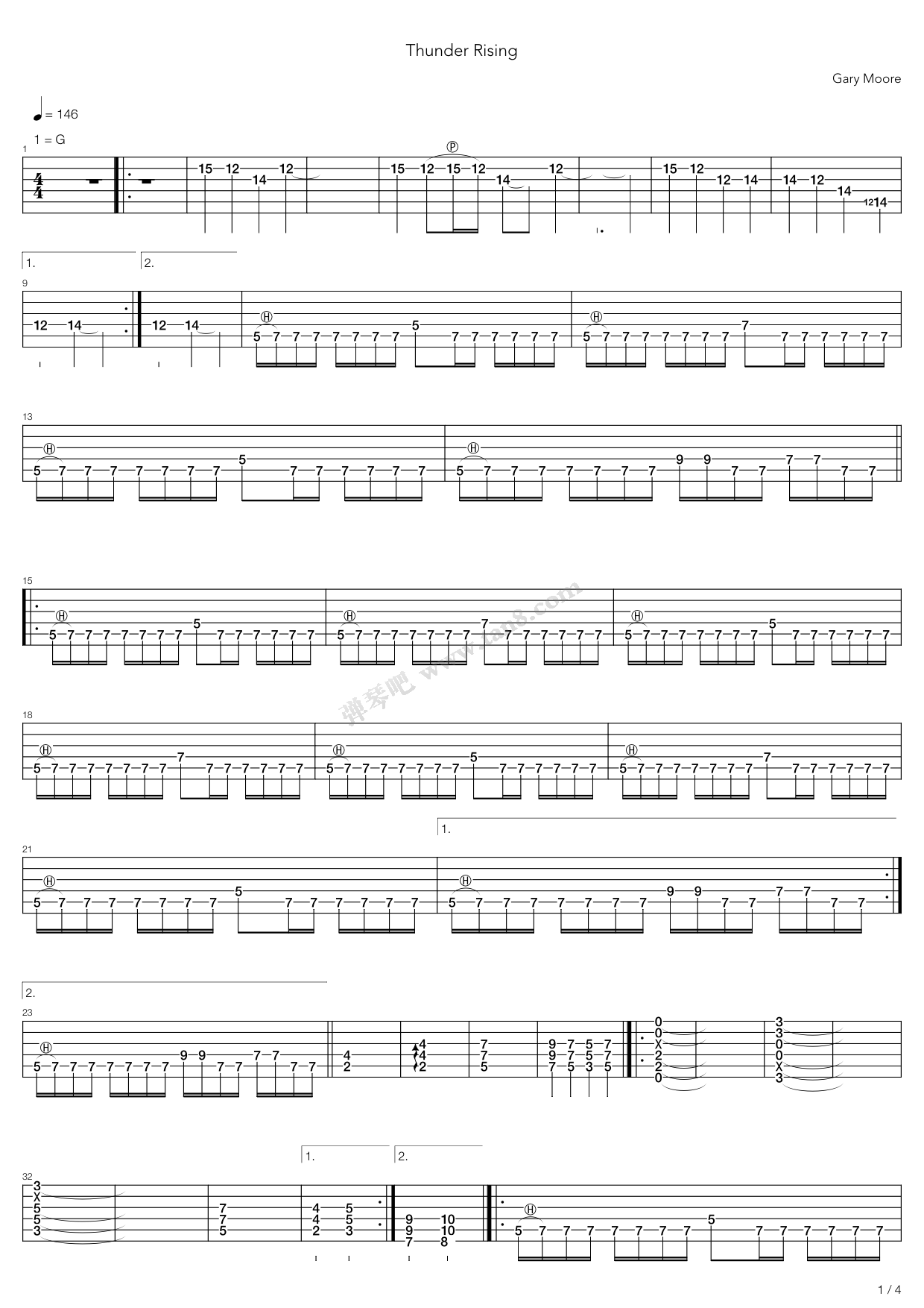 《thunder rising》,gary moore(六线谱 吉他谱吉他谱 第1页