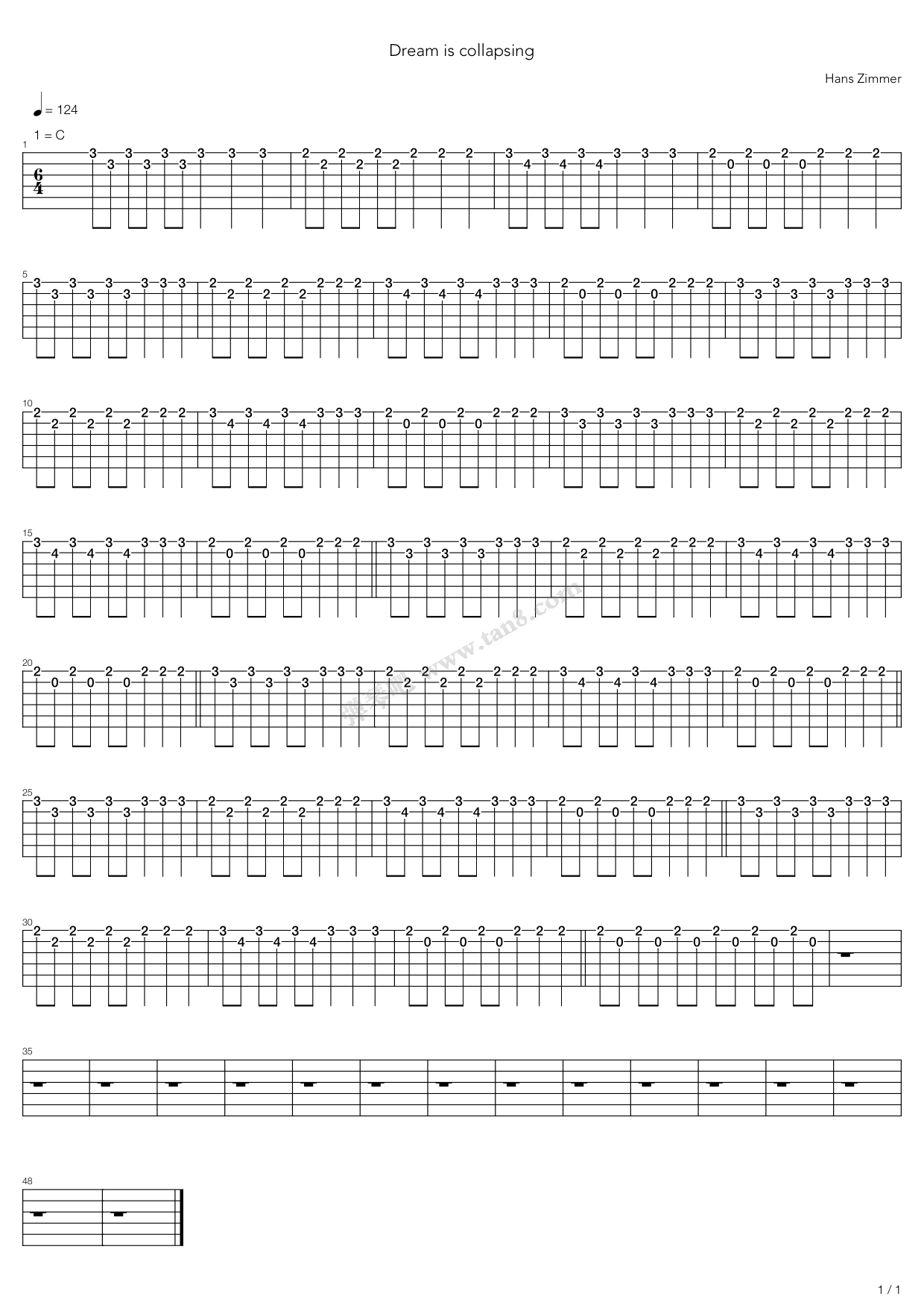 《dream is collapsing》,hans zimmer(六线谱 吉他谱吉他谱 第1页