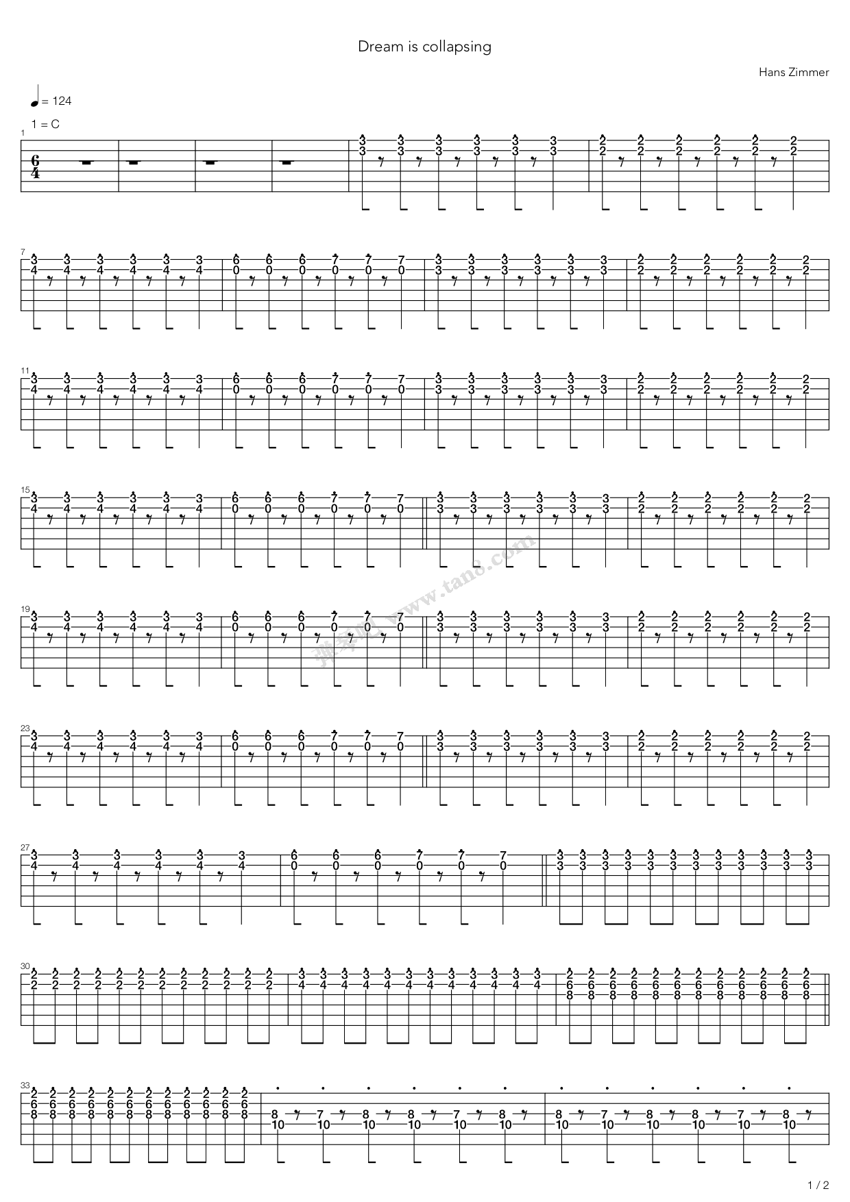 《dream is collapsing》,hans zimmer(六线谱 吉他谱吉他谱 第5页