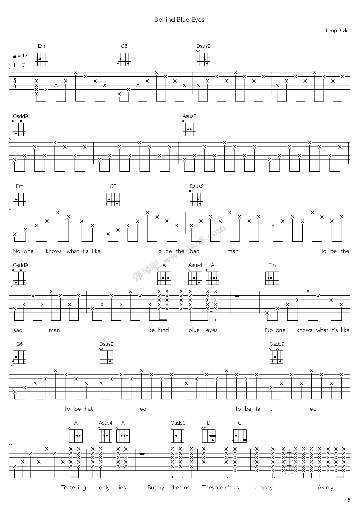 《behind blue eyes》,limp bizkit(六线谱 吉他谱吉他谱 第4页