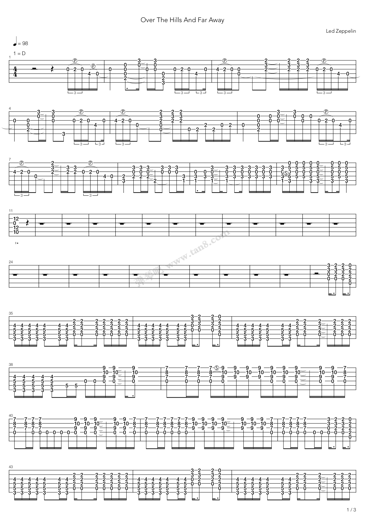 《over the hills and far away》,led zeppelin(六线谱 吉他谱吉他谱