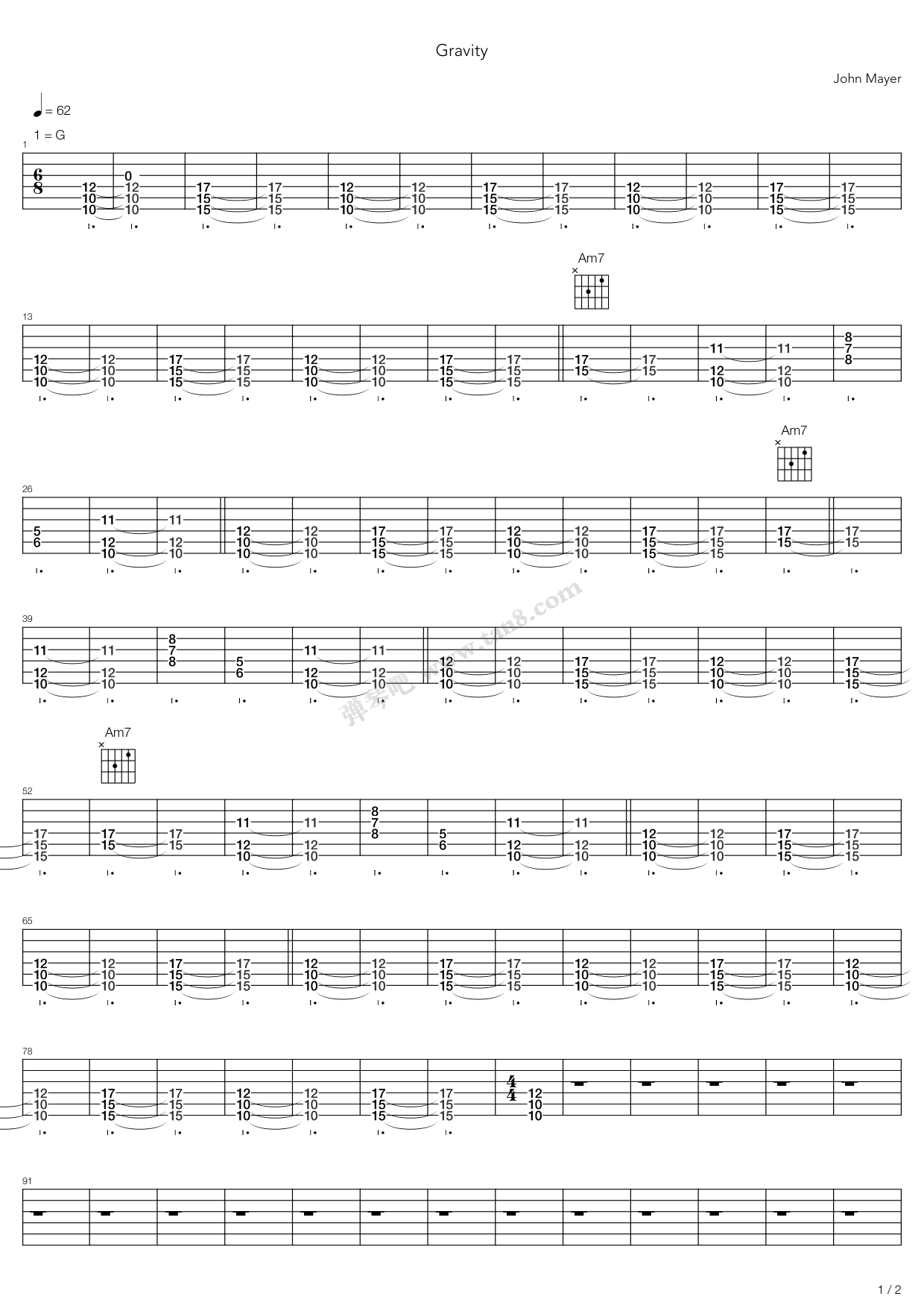 《gravity》,john mayer( 调六线吉他谱-虫虫吉他谱