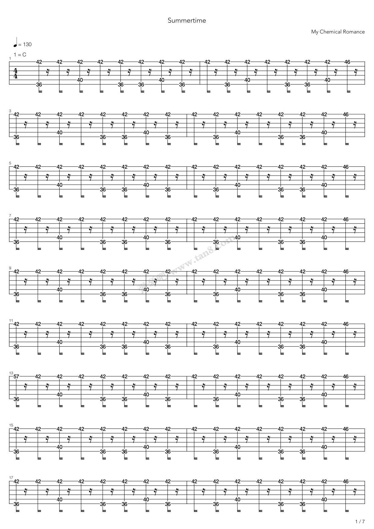 《summertime》,my chemical romance(六线谱 吉他谱吉他谱 第1页