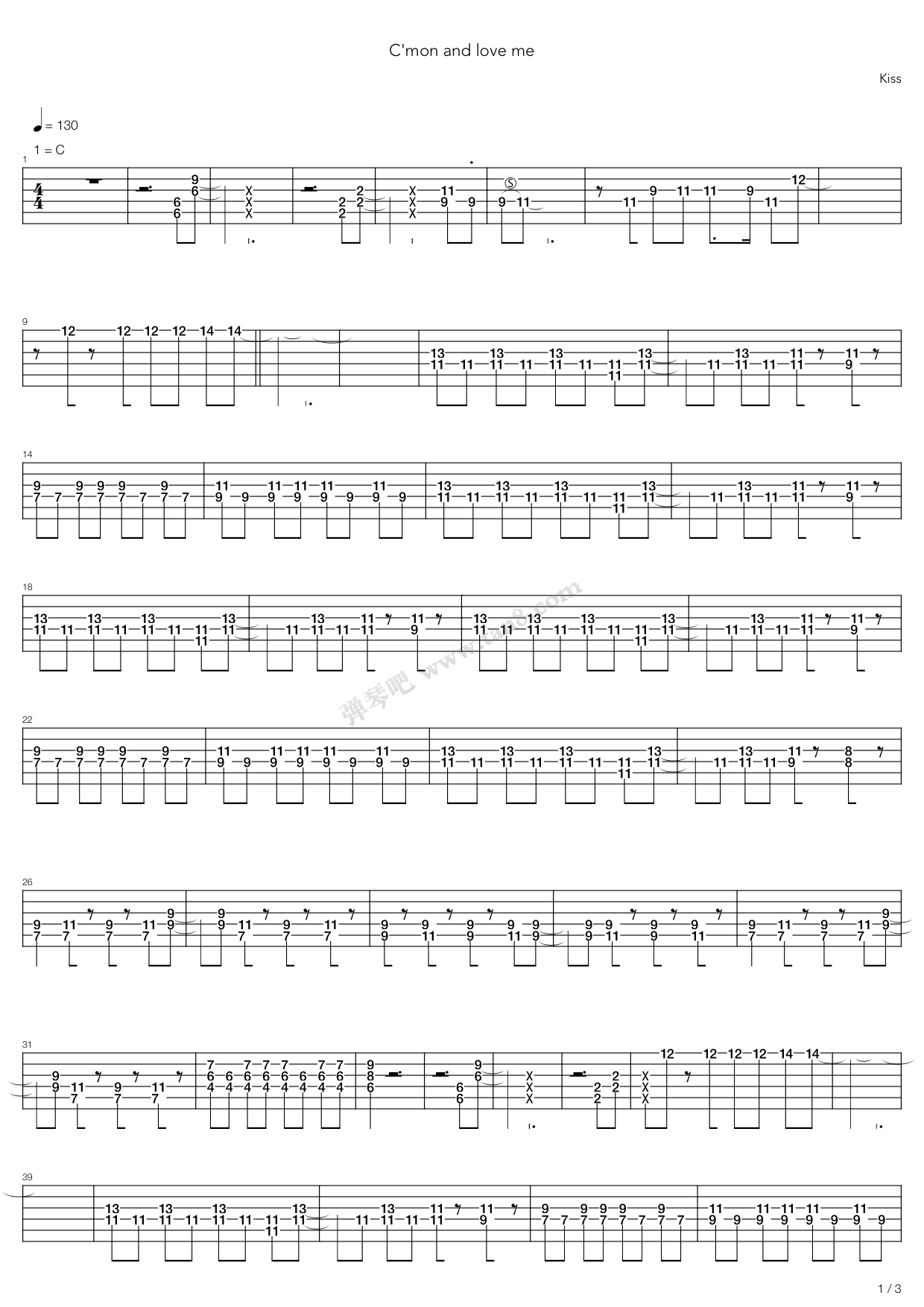 《cmon and love me》,kiss(六线谱 吉他谱吉他谱 第1页