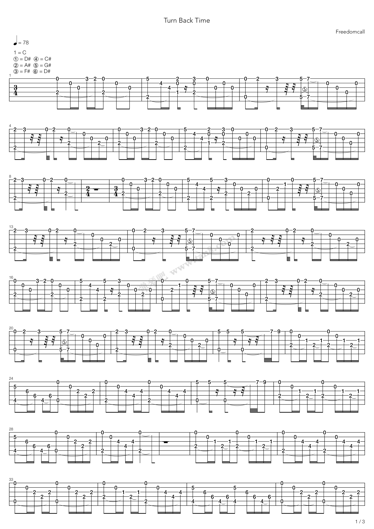 《turn back time》,freedom call(六线谱 吉他谱吉他谱 第1页