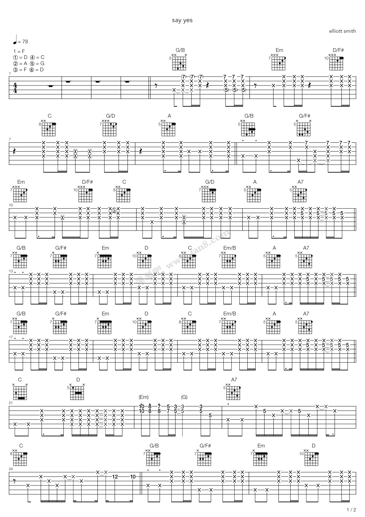 《say yes》,elliott smith( 调六线吉他谱-虫虫吉他