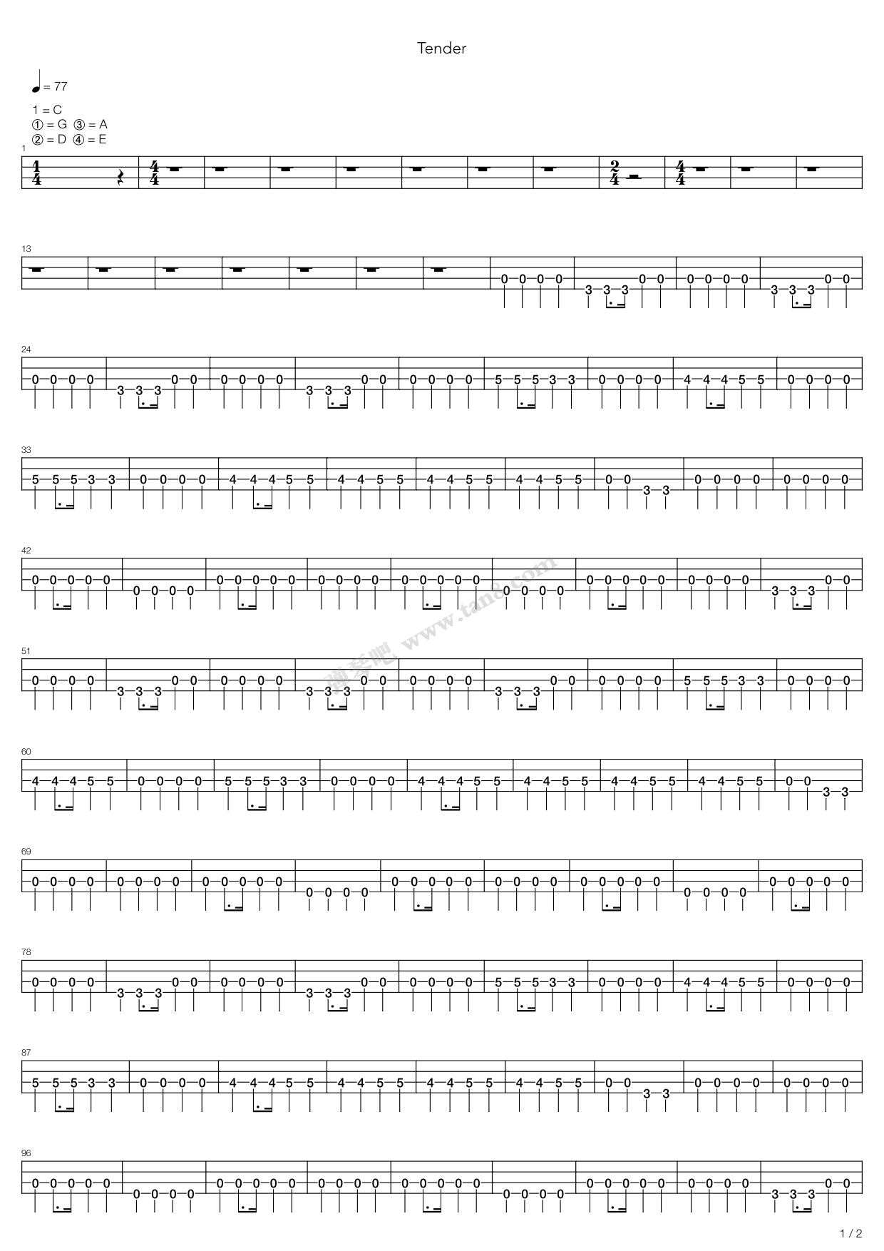 《tender》,blur( 调六线吉他谱-虫虫吉他谱免费下载