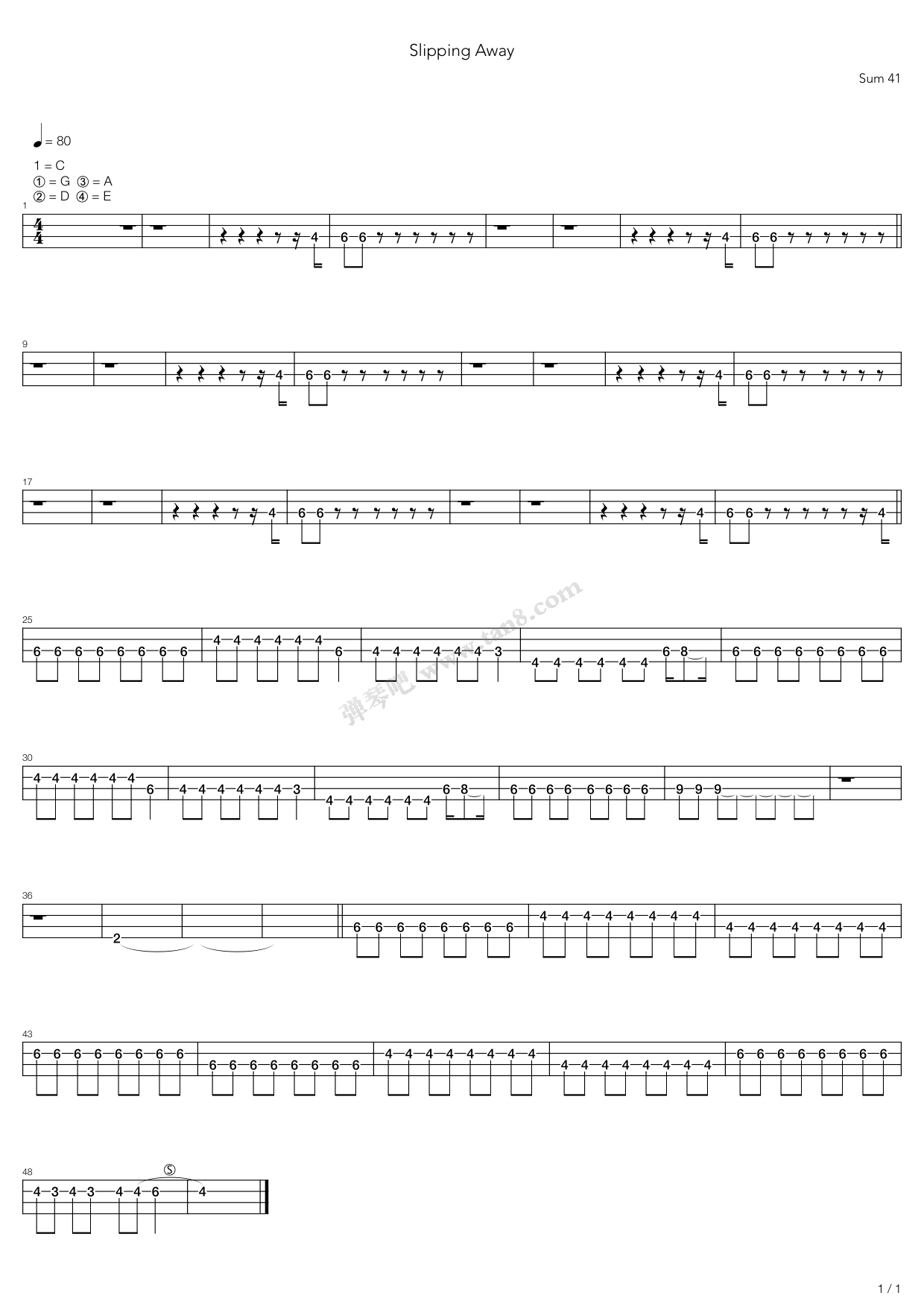 《slipping away》,sum 41(六线谱 吉他谱吉他谱 第6页