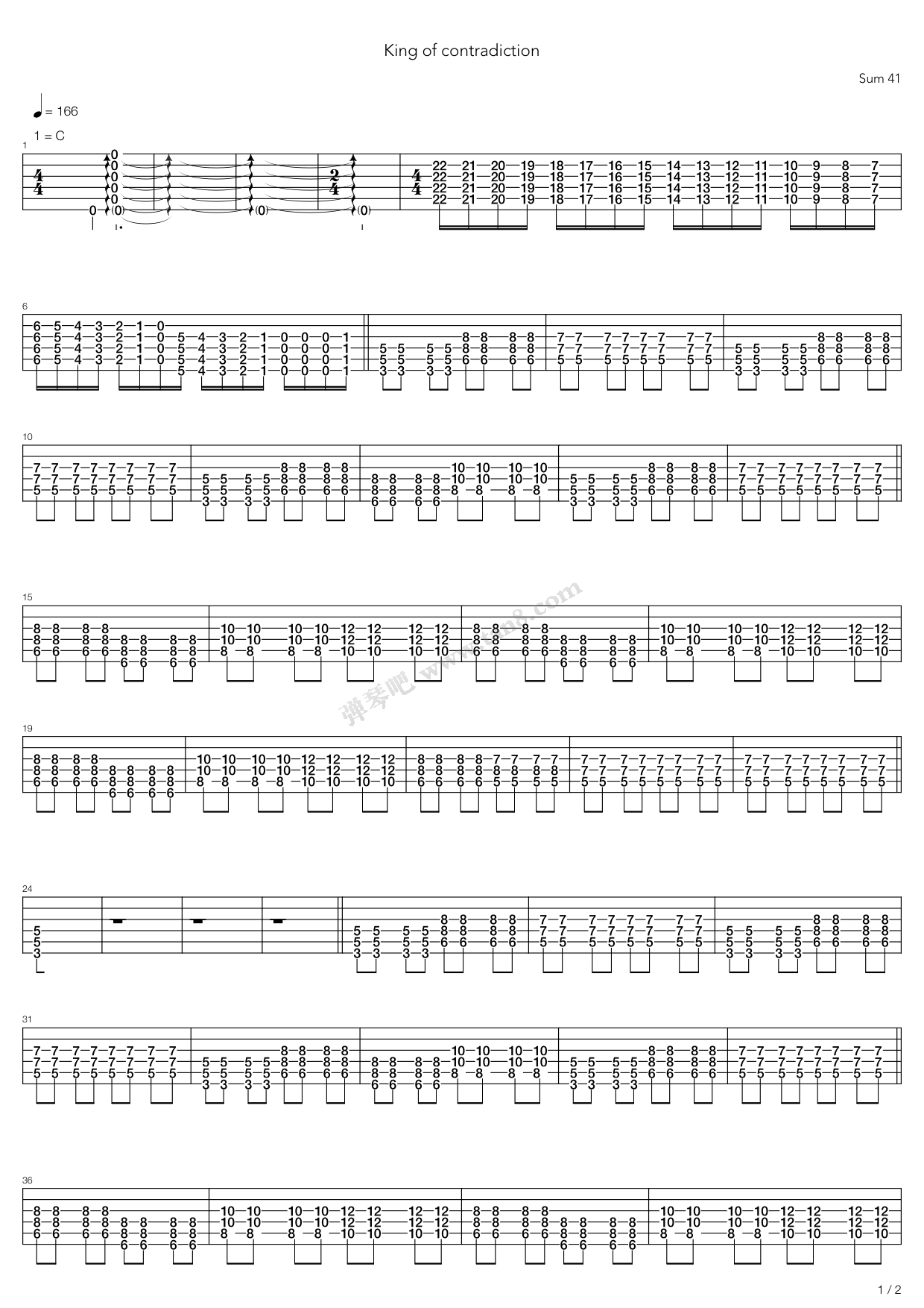 《king of contradiction》,sum 41(六线谱 吉他谱吉他谱 第1页