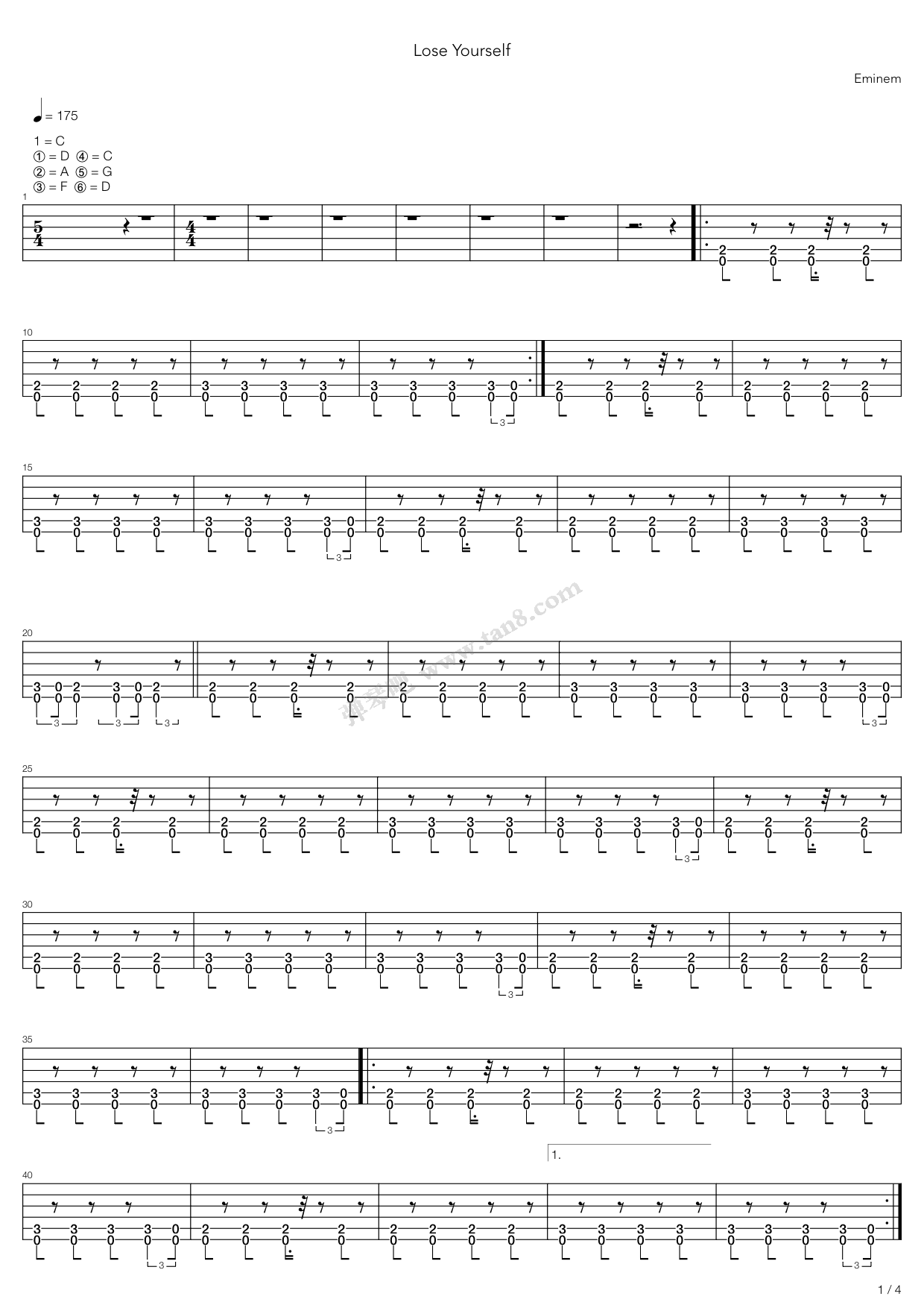《lose yourself》,eminem(六线谱 吉他谱吉他谱 第1页