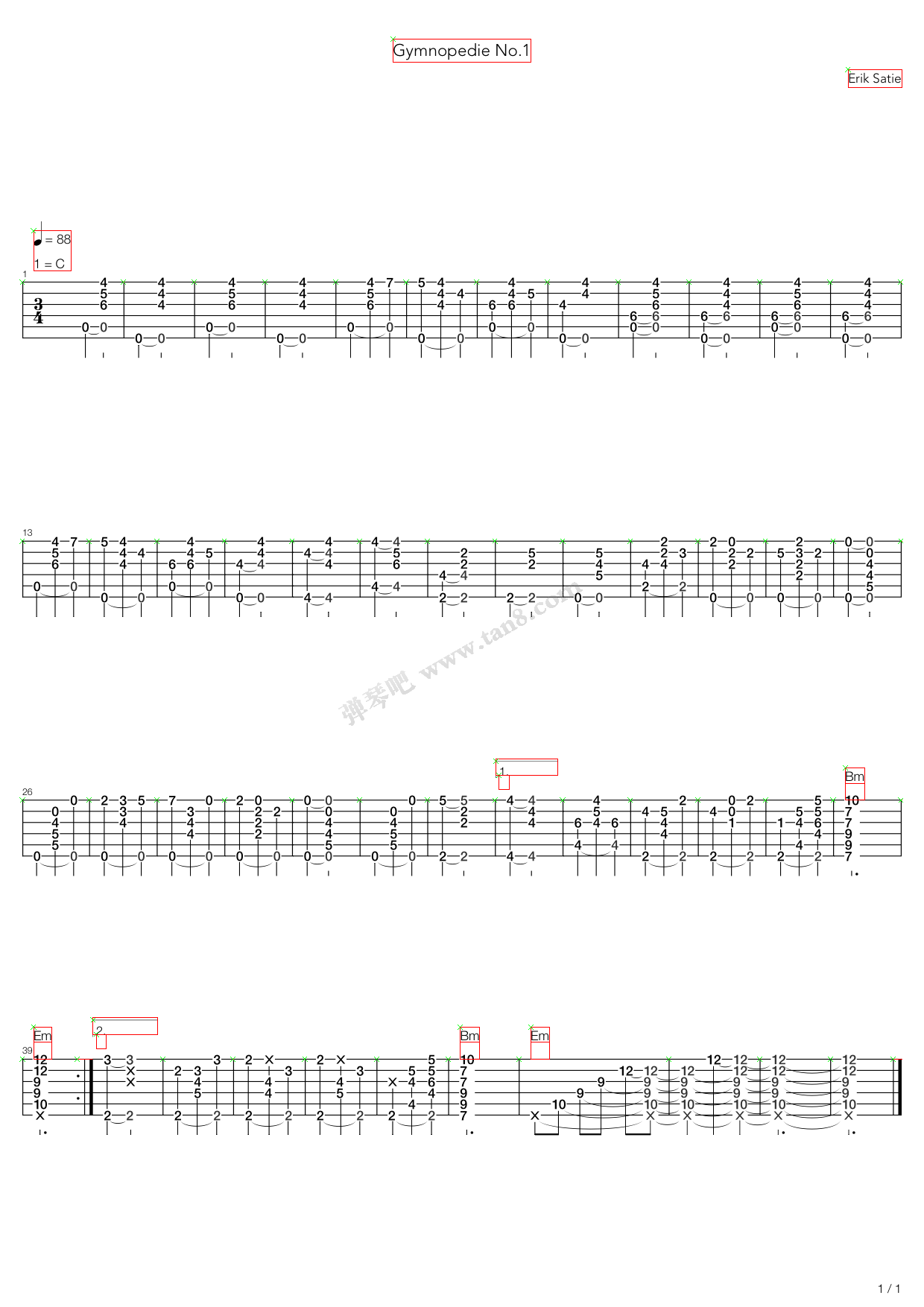 《gymnopedie no.1》,erik satie(六线谱 吉他谱吉他谱 第1页