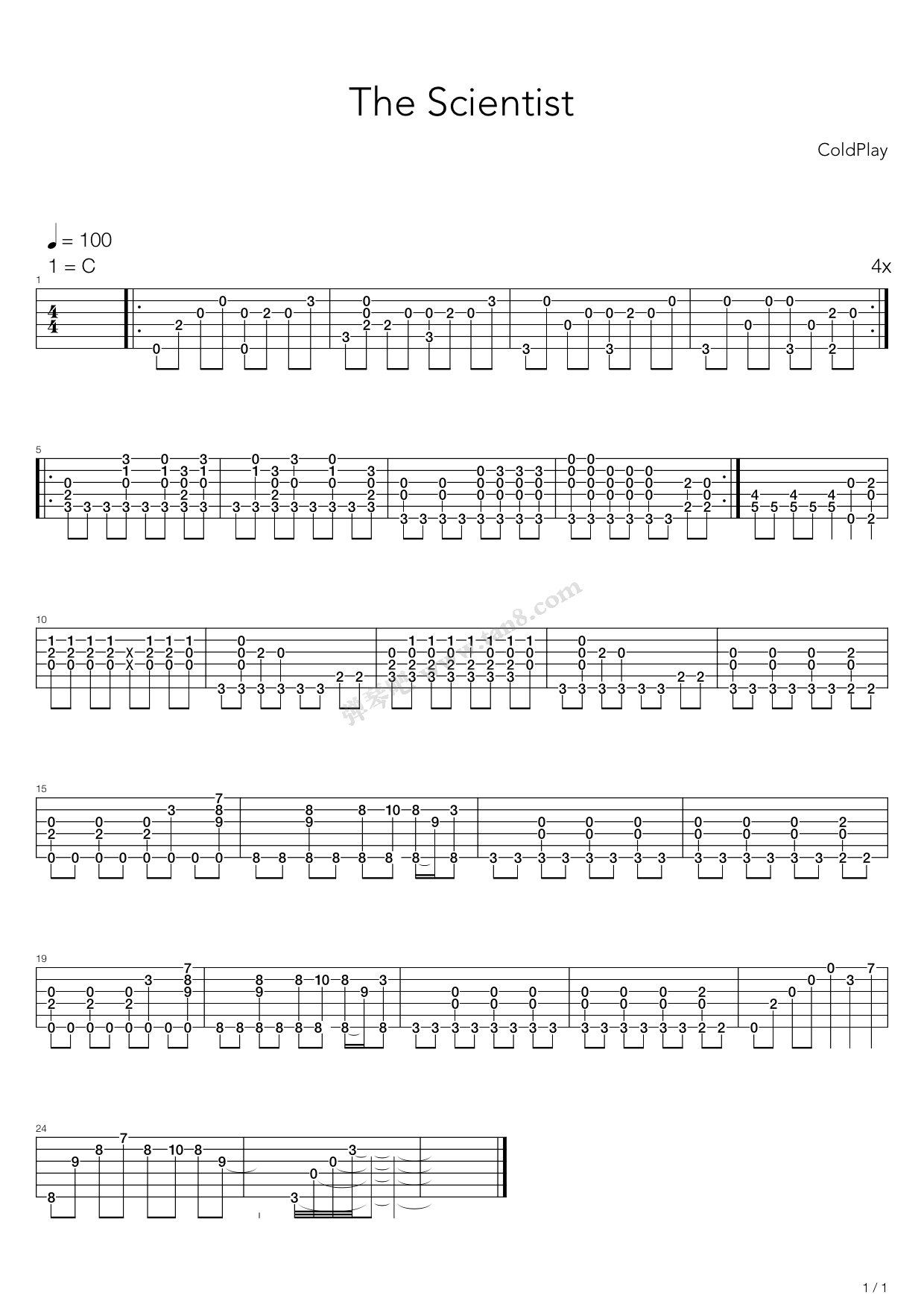 《the scientist》,coldplay(六线谱 吉他谱吉他谱 第1页