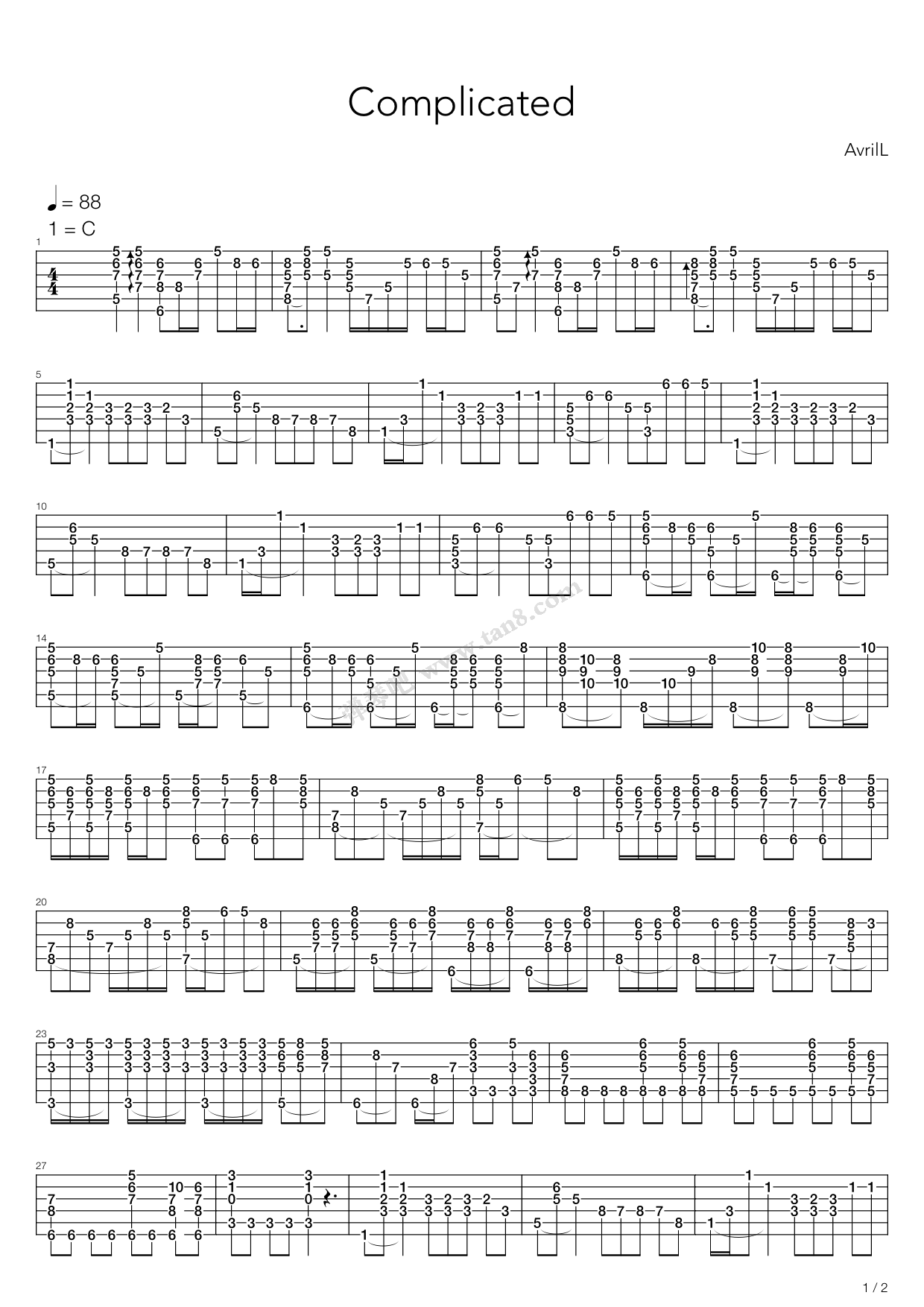 《complicated》,avril lavigne(六线谱 吉他谱吉他谱 第1页