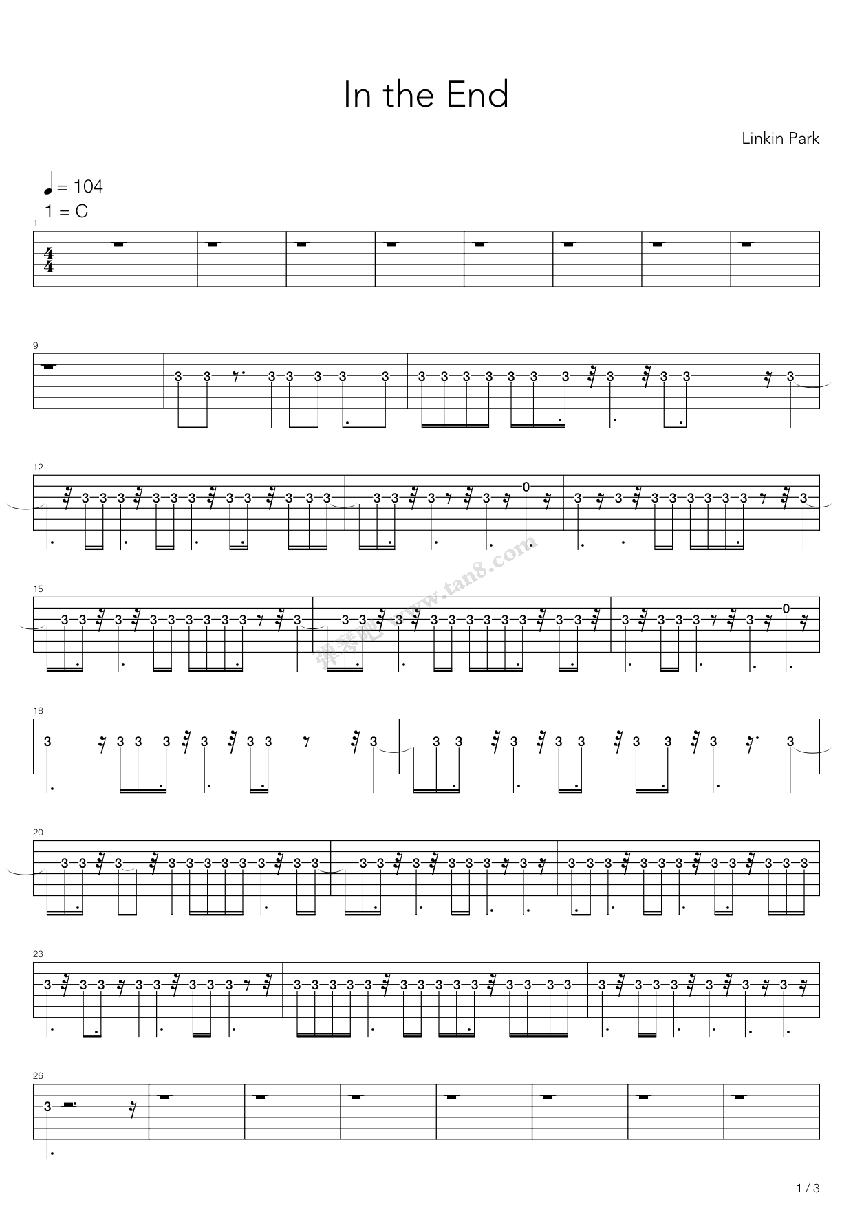 《in the end》,linkin park(六线谱 吉他谱吉他谱 第3页