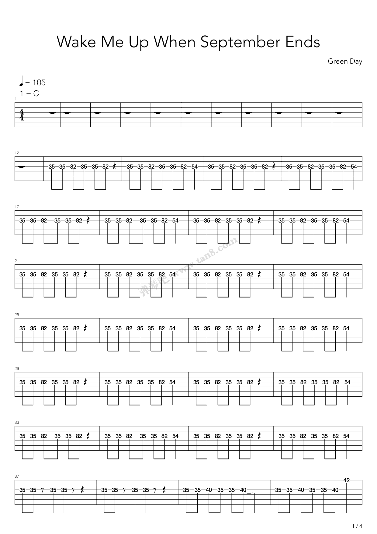 《wake me up when september ends》,green day(六线谱 吉他谱吉他谱