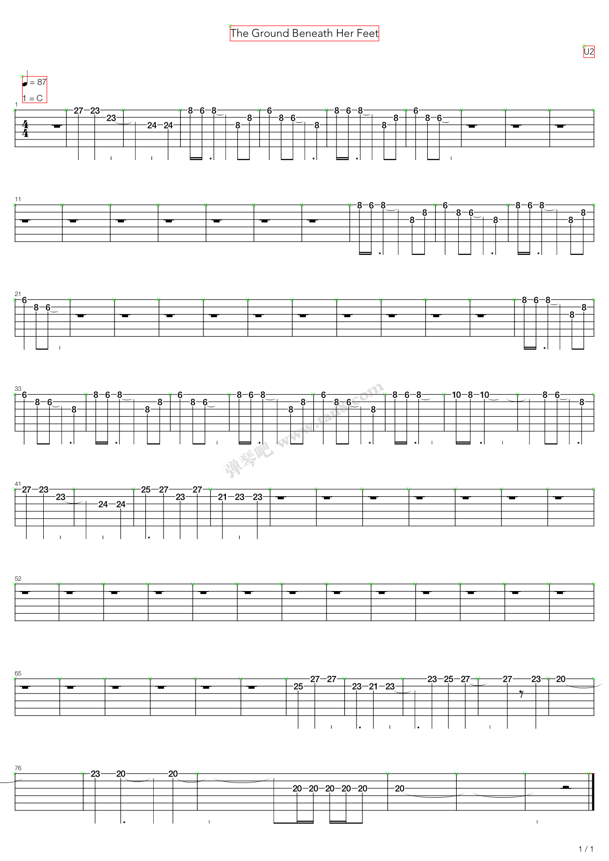 《the ground beneath her feet》,u2( 调六线吉他谱