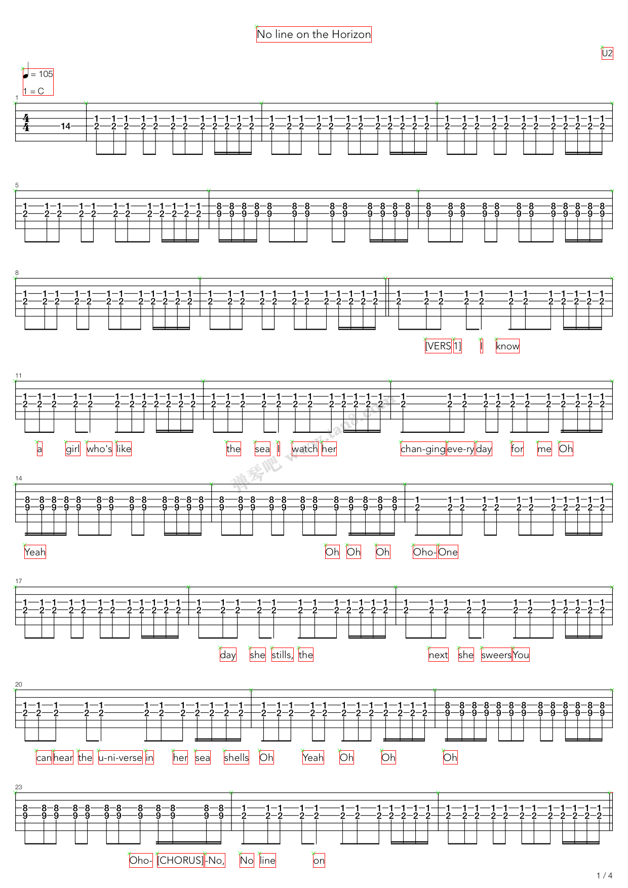 《no line on the horizon》,u2( 调六线吉他谱-虫虫