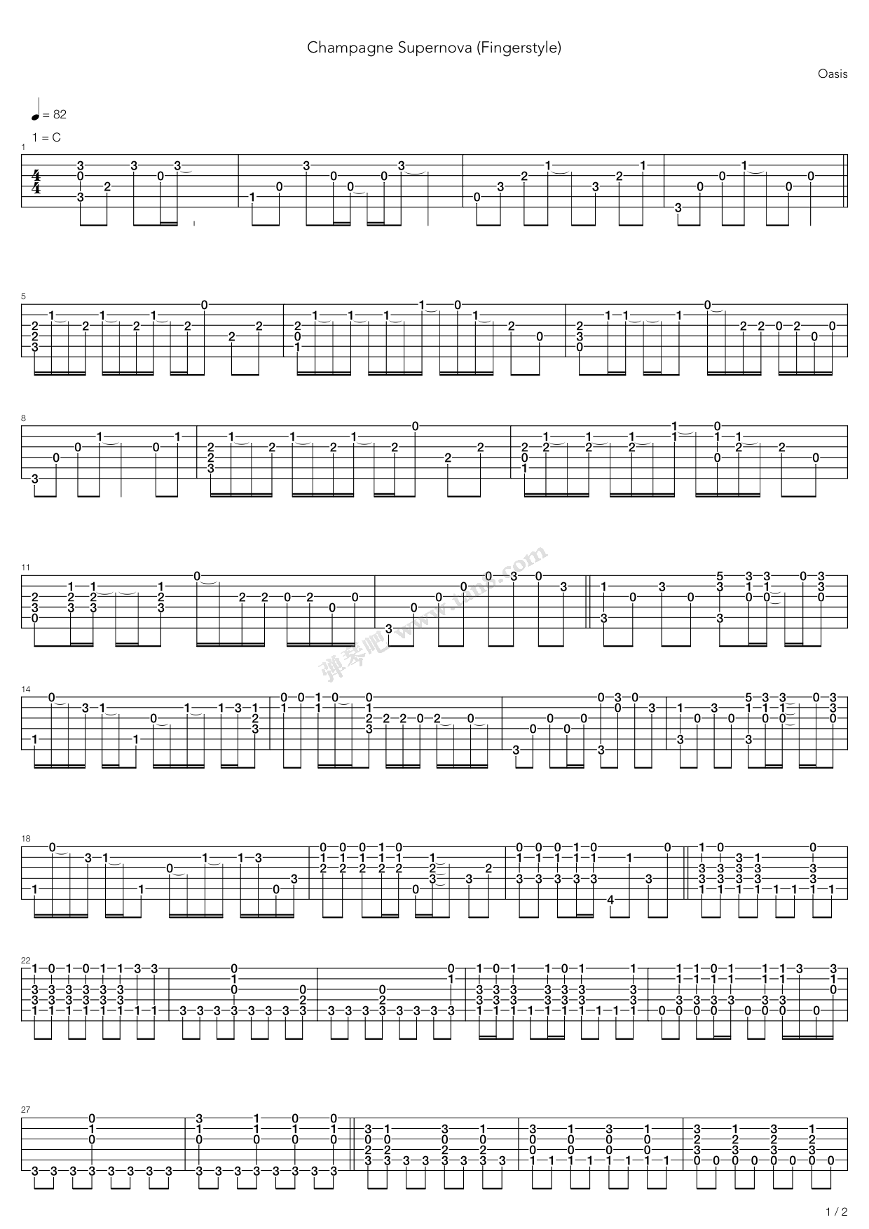 《champagne supernova》,oasis(六线谱 吉他谱吉他谱 第1页