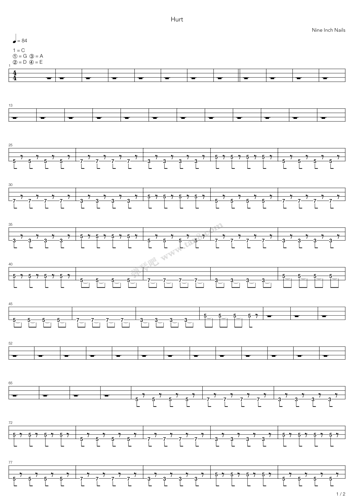 《hurt》,nine inch nails(六线谱 吉他谱吉他谱 第5页