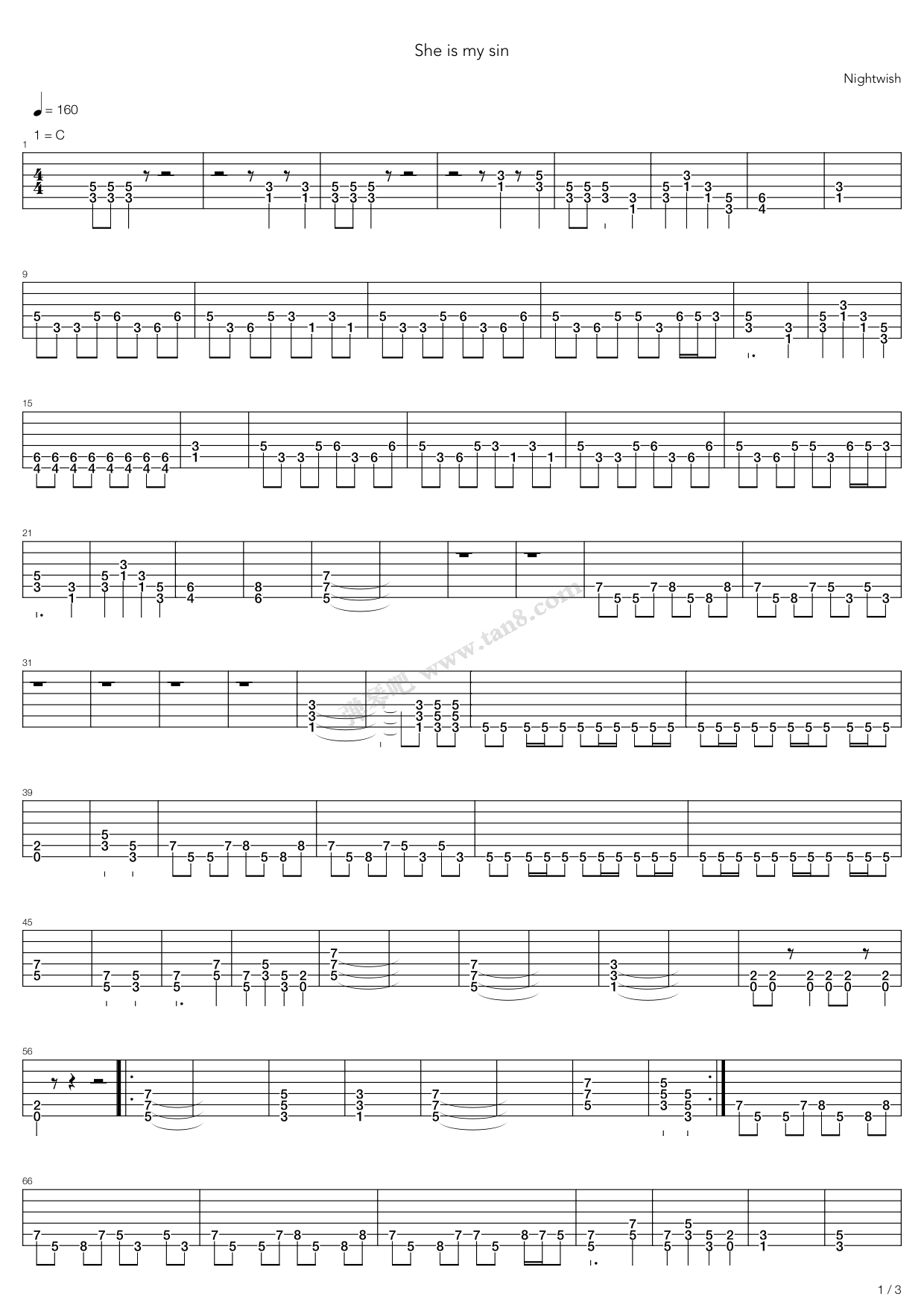 《she is my sin》,nightwish(六线谱 吉他谱吉他谱 第1页