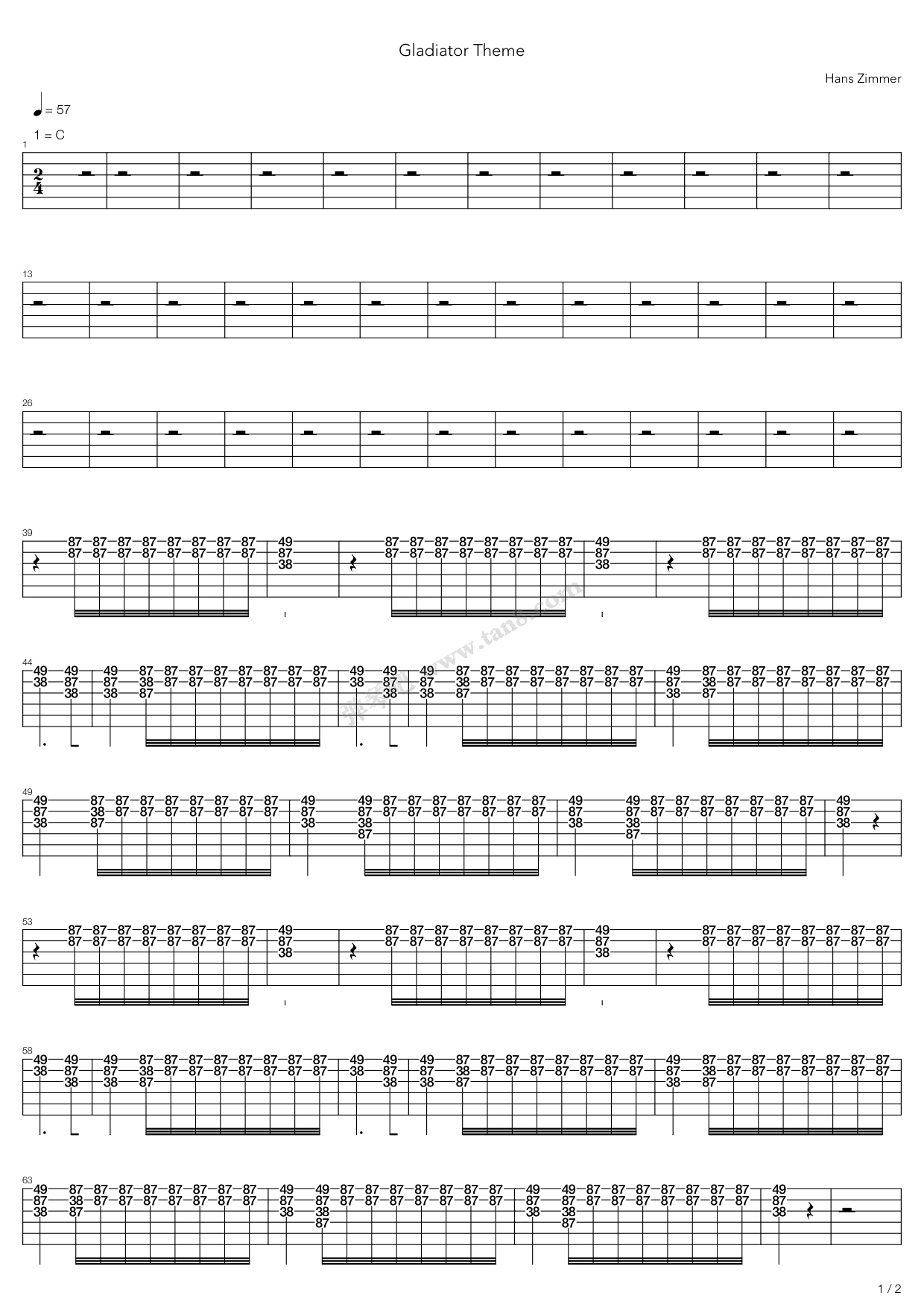 《gladiator theme》,hans zimmer(六线谱 调六线吉他