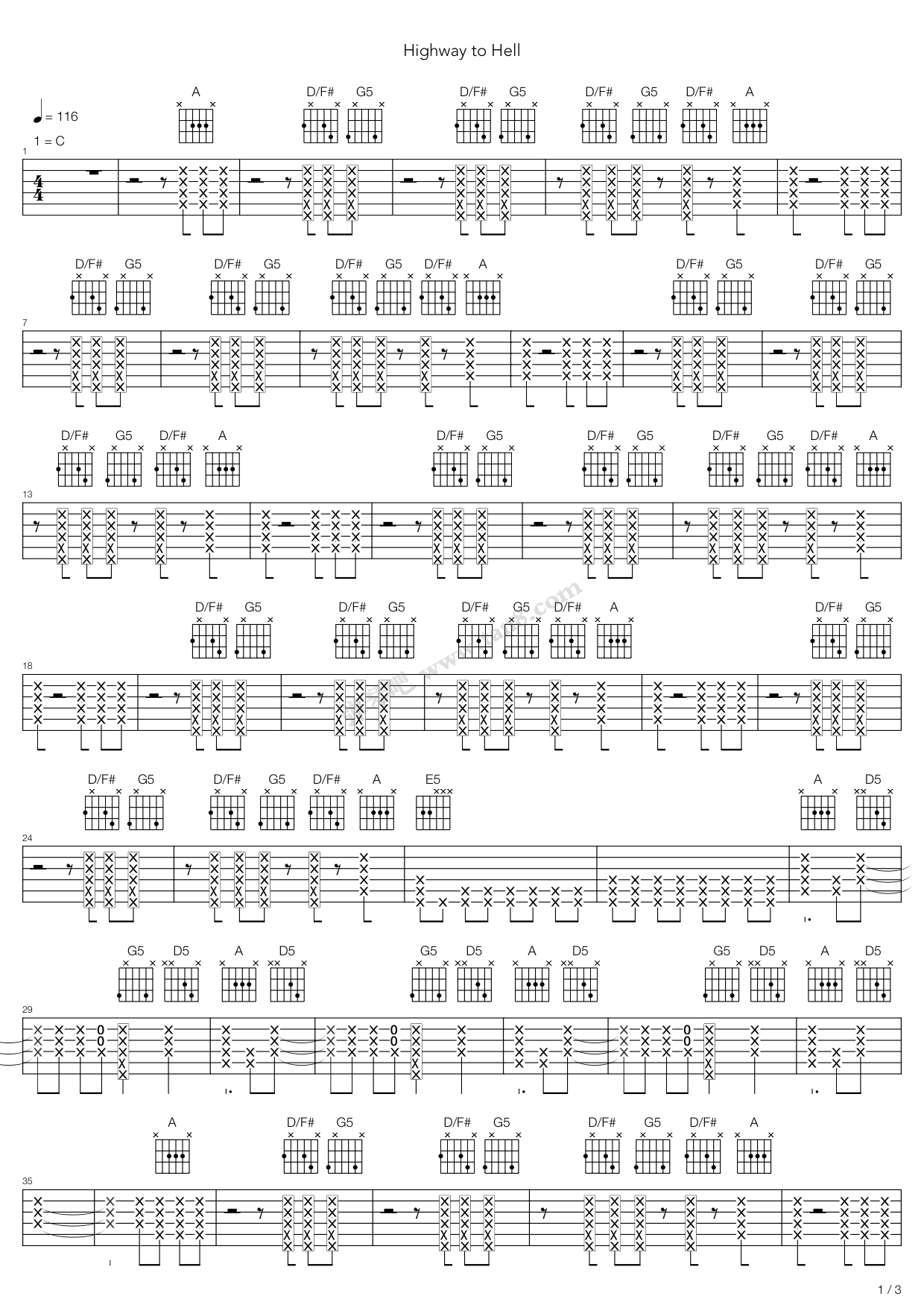 《highway to hell,ac/dc(六线谱 吉他谱吉他谱 第1页