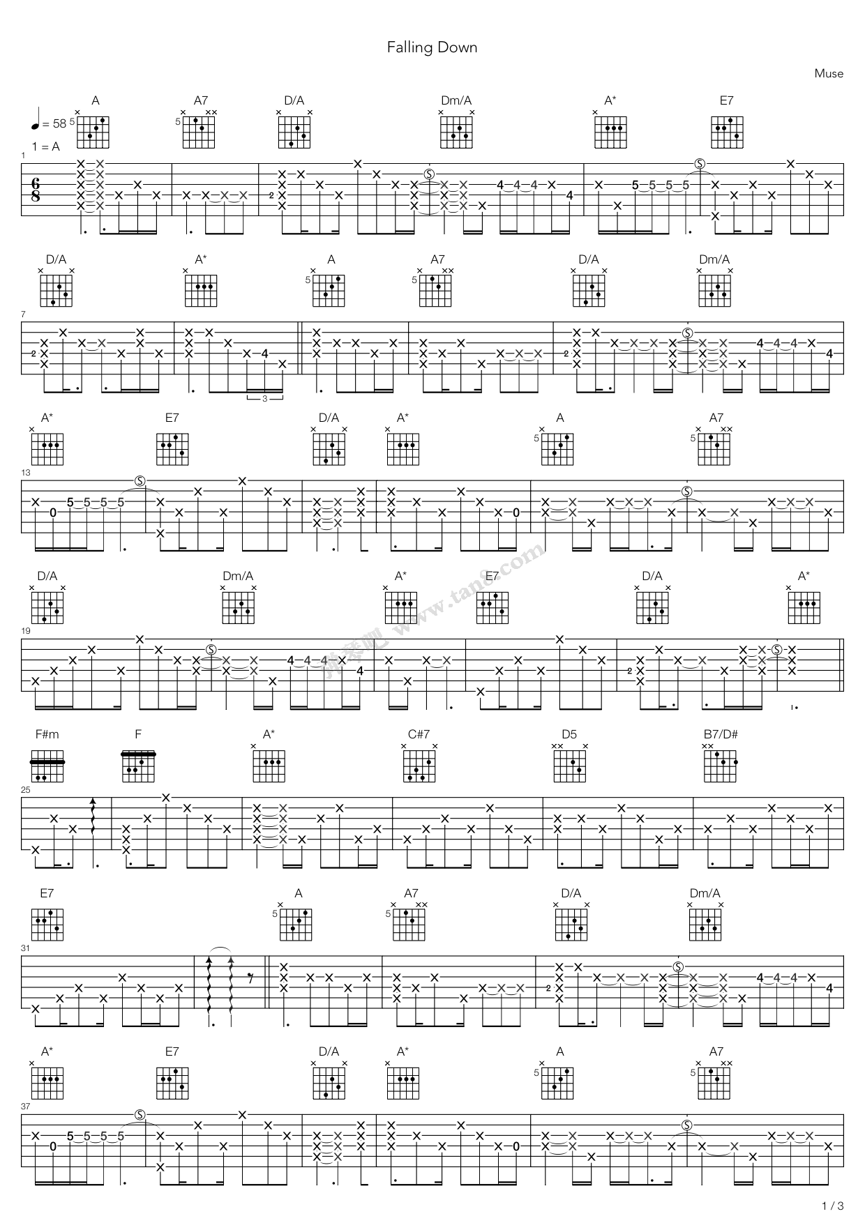 《falling down》,muse(六线谱 吉他谱吉他谱 第1页