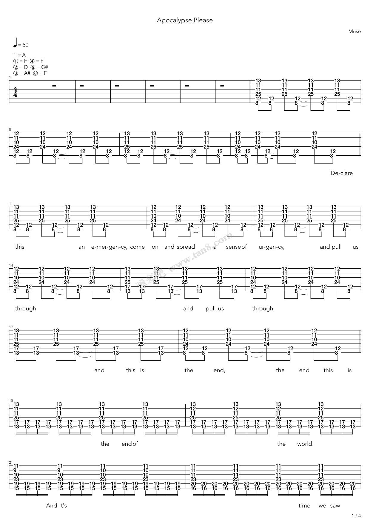 《apocalypse please,muse(六线谱 吉他谱吉他谱 第1页