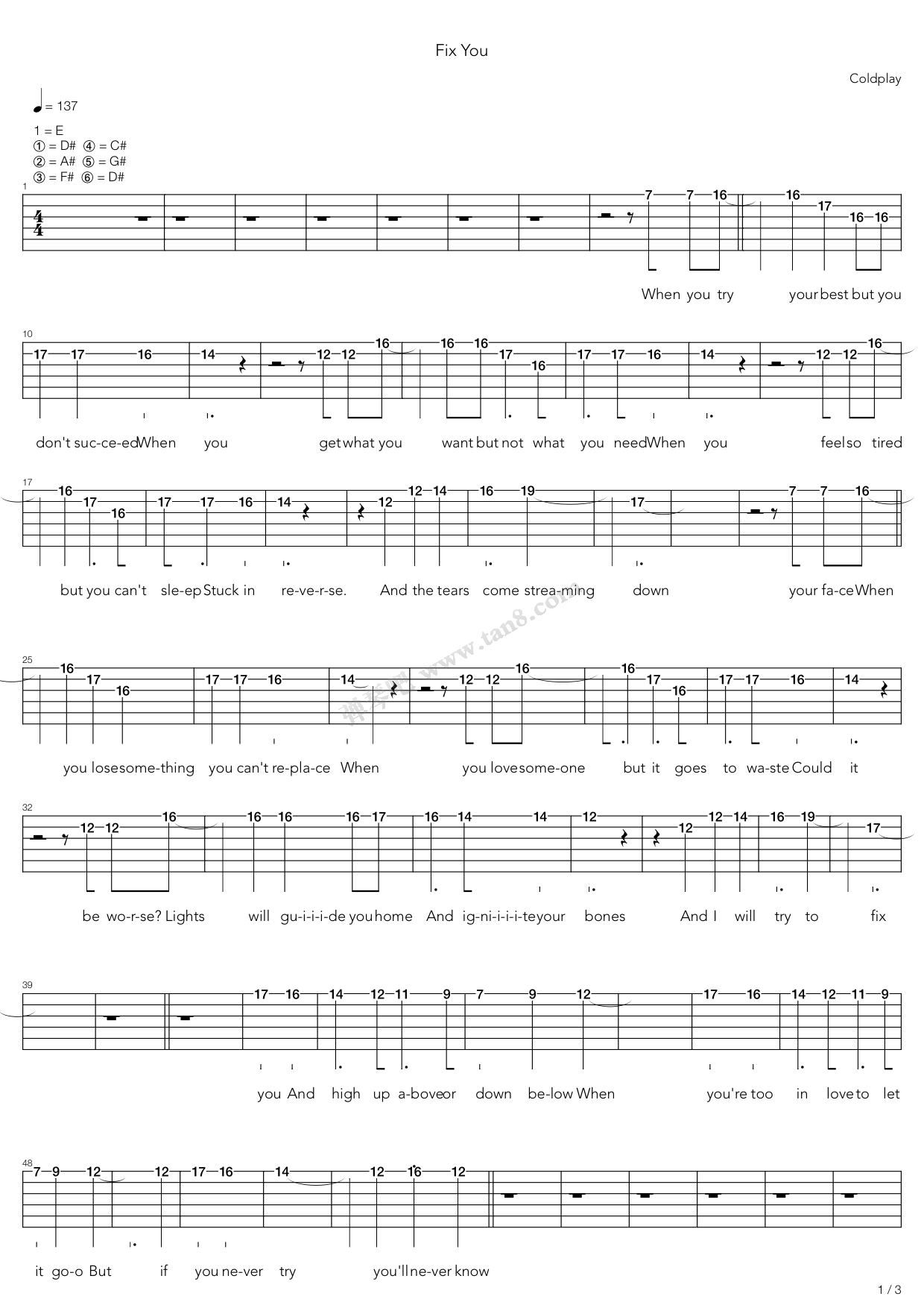 《fix you》,coldplay(六线谱 吉他谱吉他谱 第1页