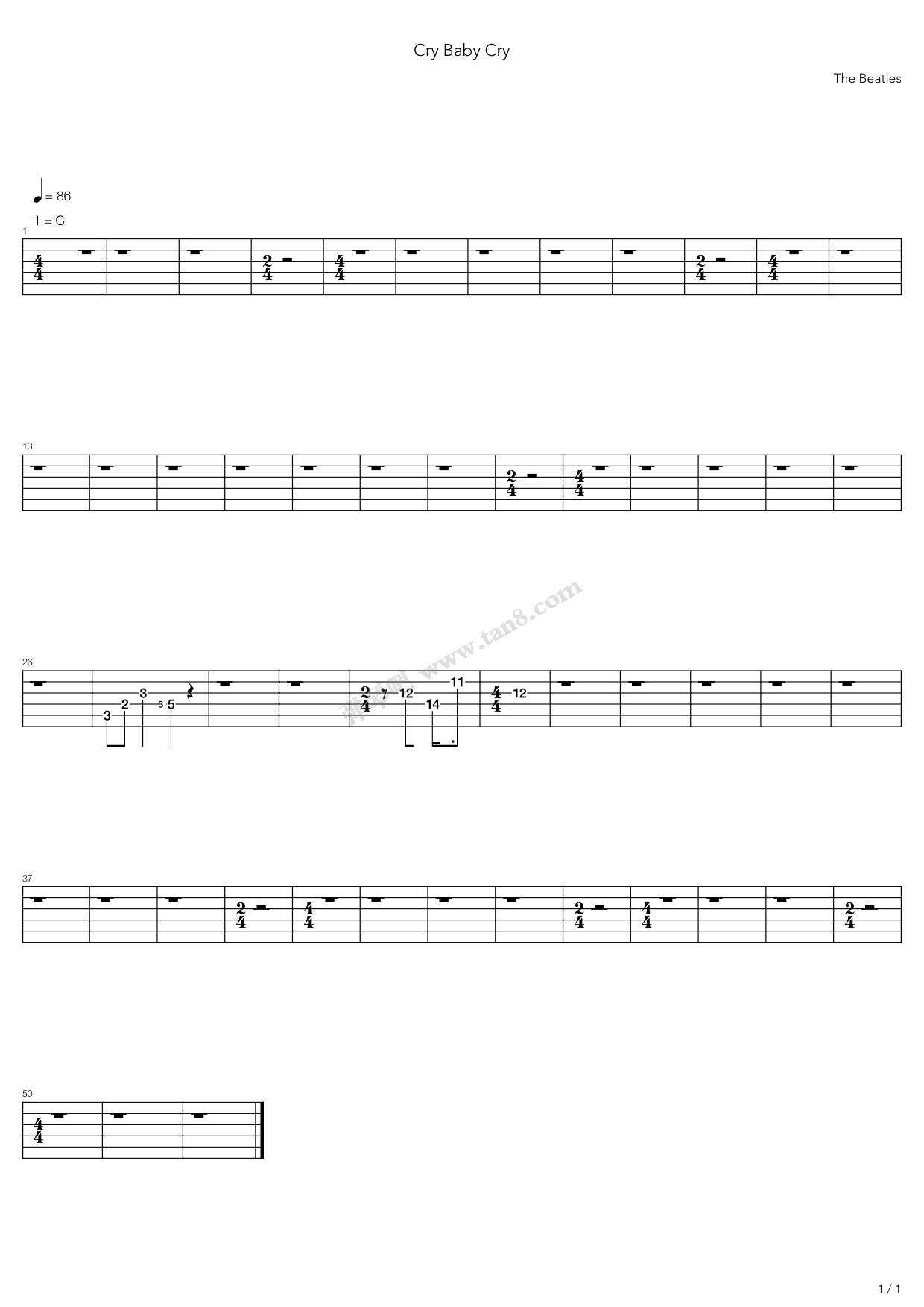 Cry Baby Cry The Beatles六线谱 调六线吉他谱 虫虫吉他谱免费下载
